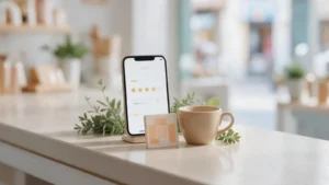 Cómo conseguir reseñas en Google: móvil con valoración de cinco estrellas en el mostrador de un negocio