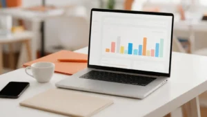 Cuánto cuesta Google Ads: portátil con panel de anuncios y gráficos en un escritorio luminoso