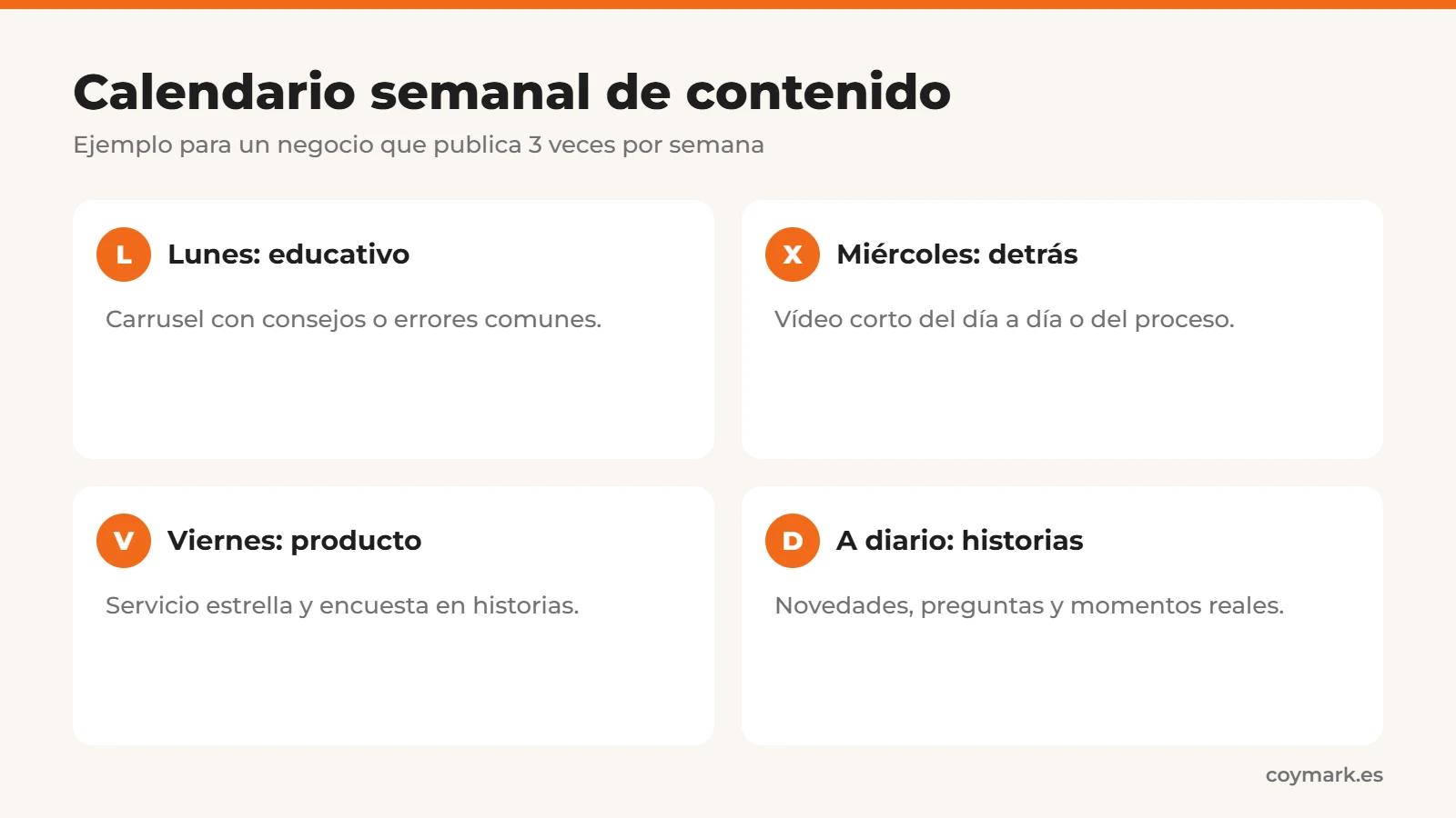 Ideas de contenido para redes sociales organizadas en un calendario semanal